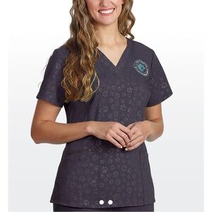 Healing Hands Pewter Gray Paw Print Scrub Top L
